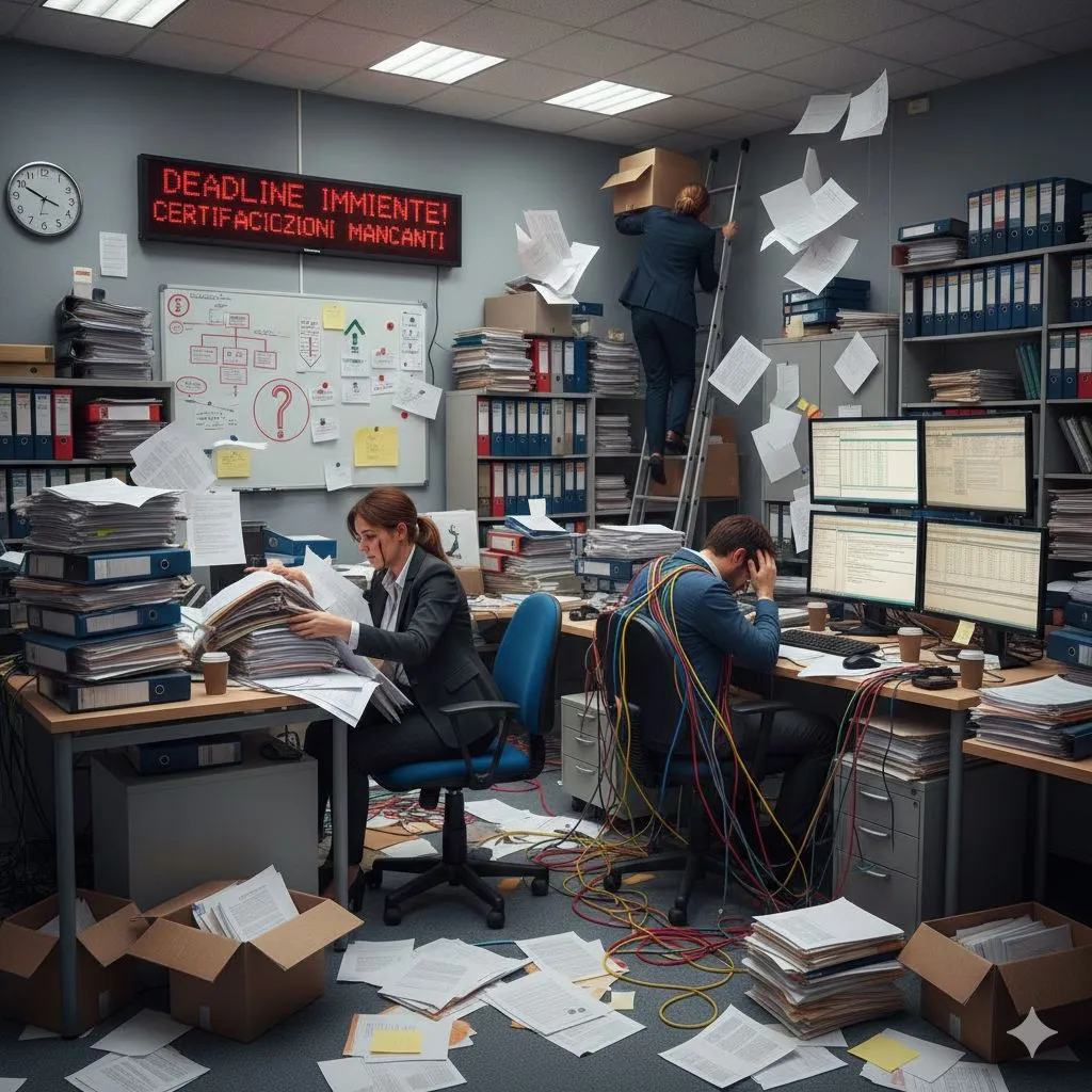 Professionisti illustrati in preda alla confusione generale nel gestire una gara d'appalto